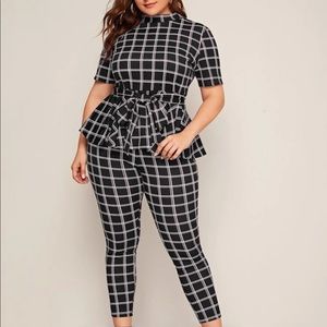 Plus Mock-Neck Belted Plaid Peplum Top & Leggings Set